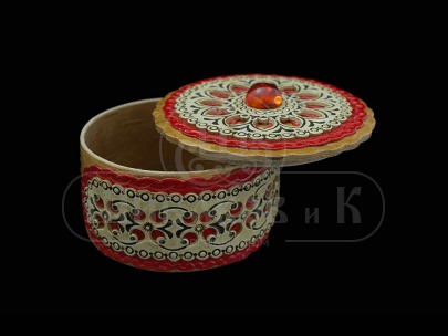Шкатулка круглая из бересты с янтарем